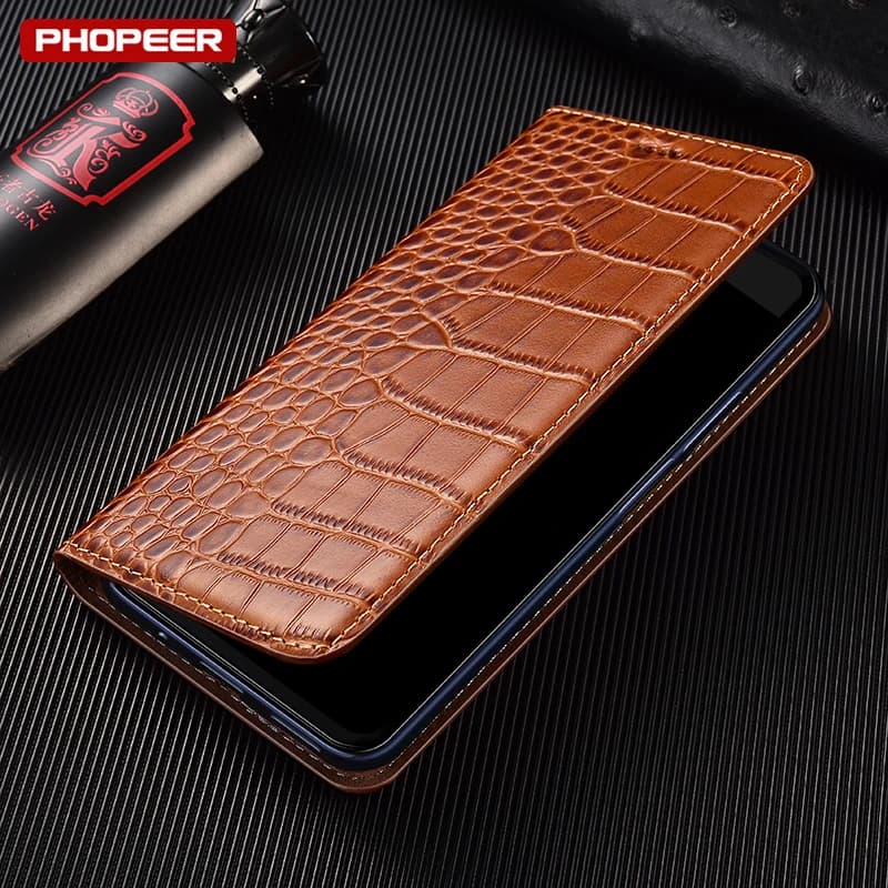 Capa carteira em couro genuíno textura crocodilo marrom para Xiaomi Poco Linha C