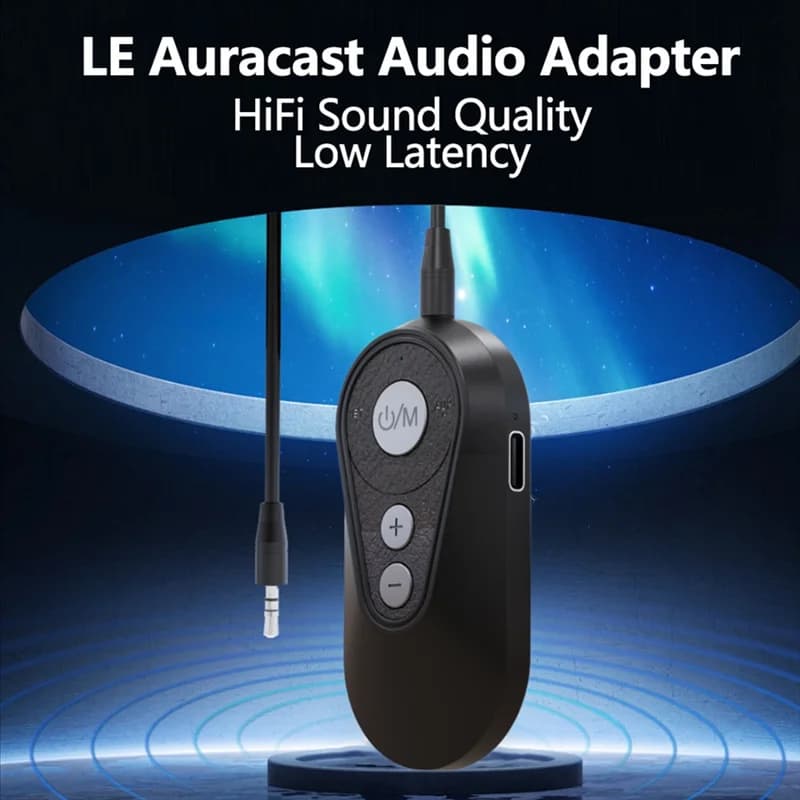 Adaptador Bluetooth Elegante-le com cabo P2 3.5mm destacando qualidade de som HiFi e baixa latência