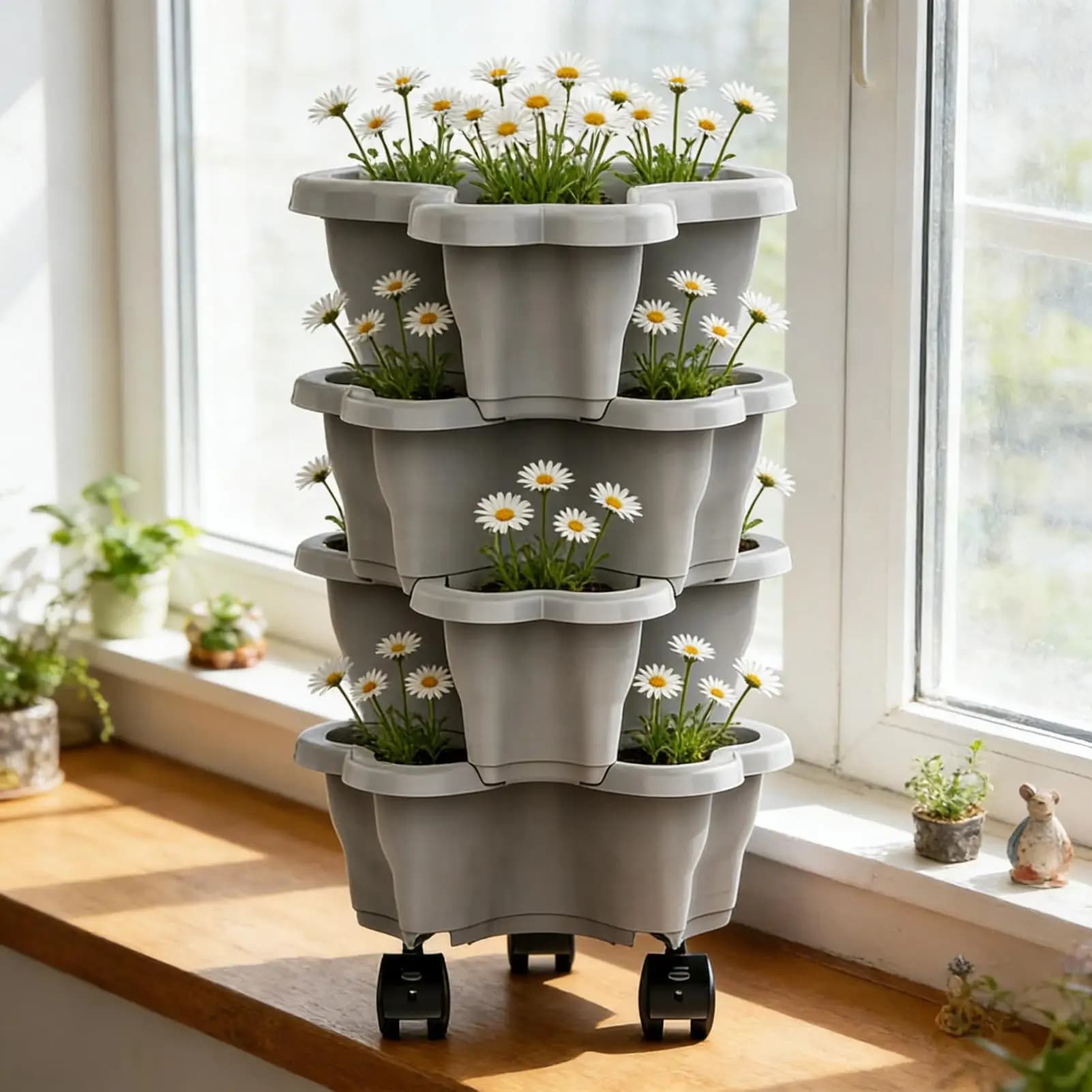 Vaso empilhável vertical cinza para cultivo de flores, com rodízios, colocado em parapeito de janela