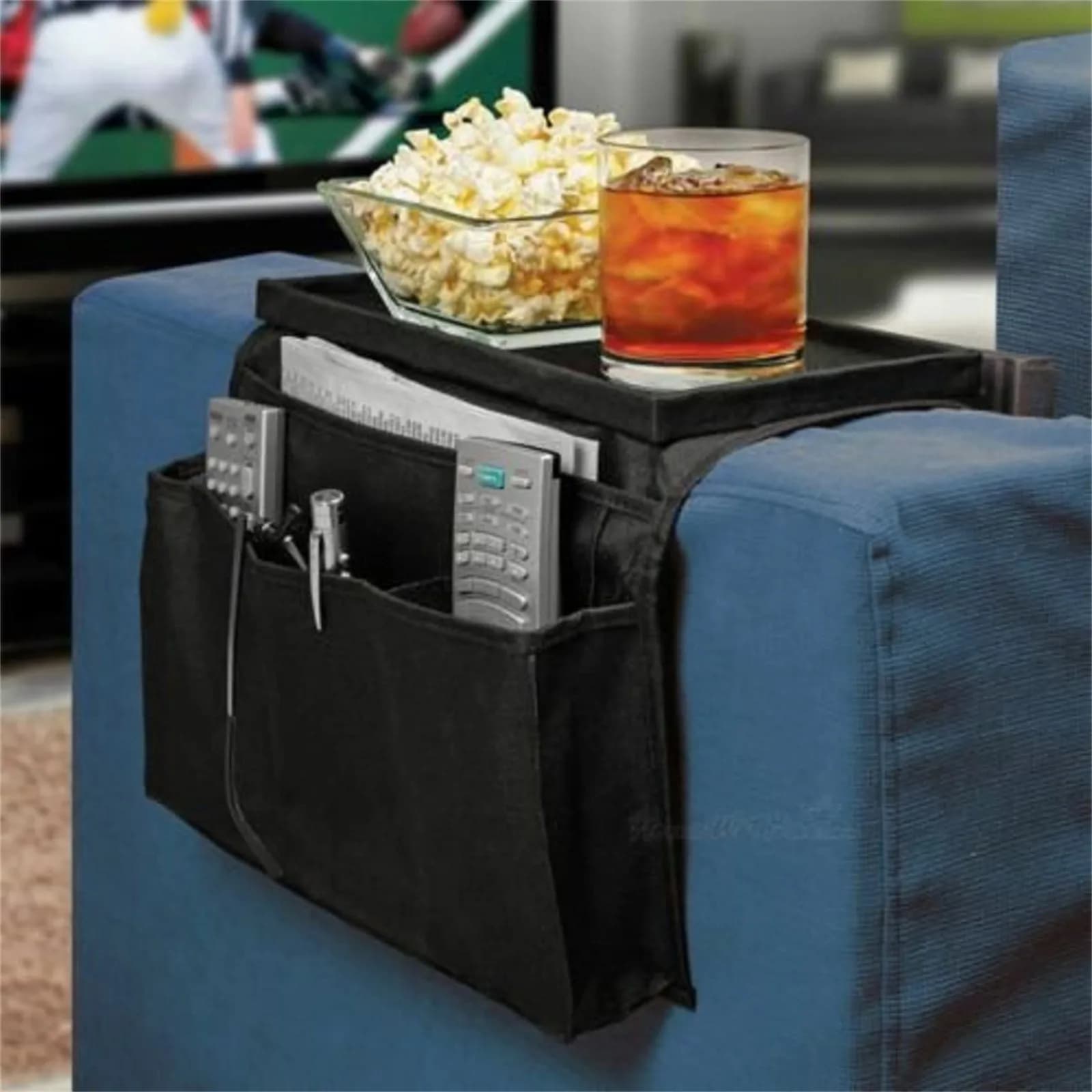 Bolsa organizadora doméstica preta para sofá com suporte para copos e bolsos para controles remotos