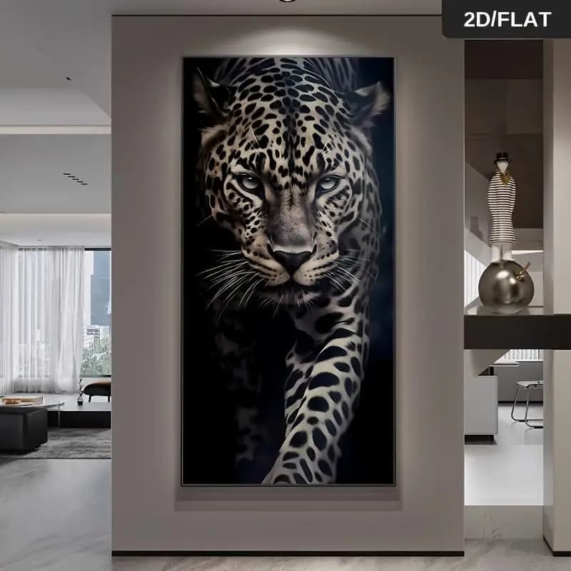 Uma tela de arte abstrata moderna com estampa de jaguar - um design de jaguar em azul e preto vibrantes, uma impressão plana 2D de alta qualidade sem moldura.