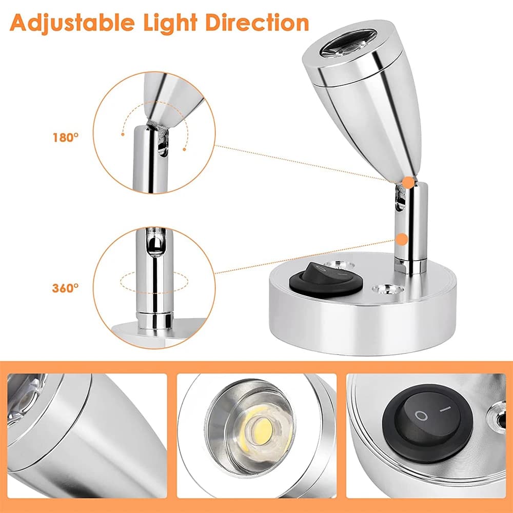 Luminária de leitura LED USB prata articulada com ajuste de direção 180 e 360 graus para RV e camper