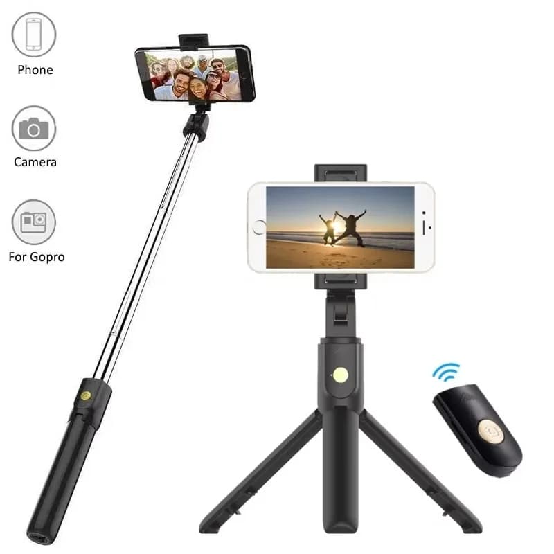 Batao de selfie extensível e retrátil em preto com tripé monopé e controle remoto
