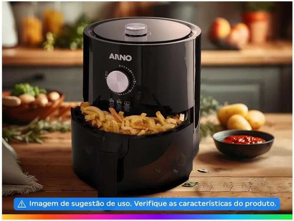 Fritadeira elétrica sem óleo Arno Air Fryer preta com controle de temperatura e batatas fritas