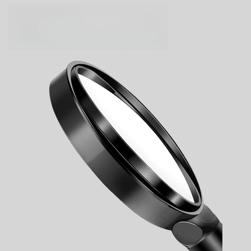 Espelho retrovisor convexo grande angular preto com lente curva e borda arredondada em fundo cinza