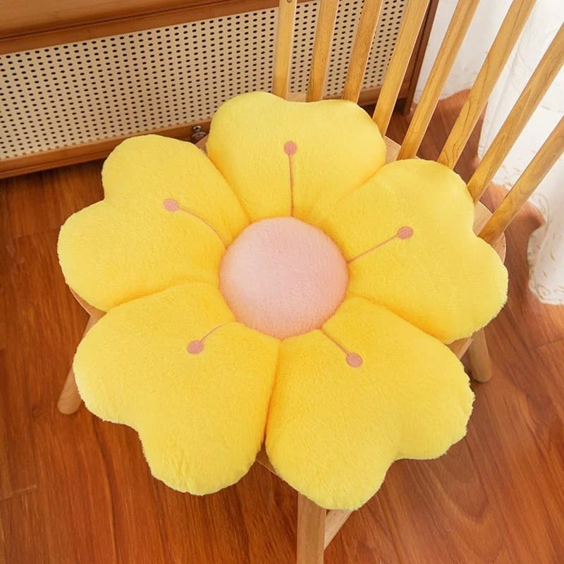 Almofada de pelúcia flor amarela com centro rosa, macia para cadeira e sofá