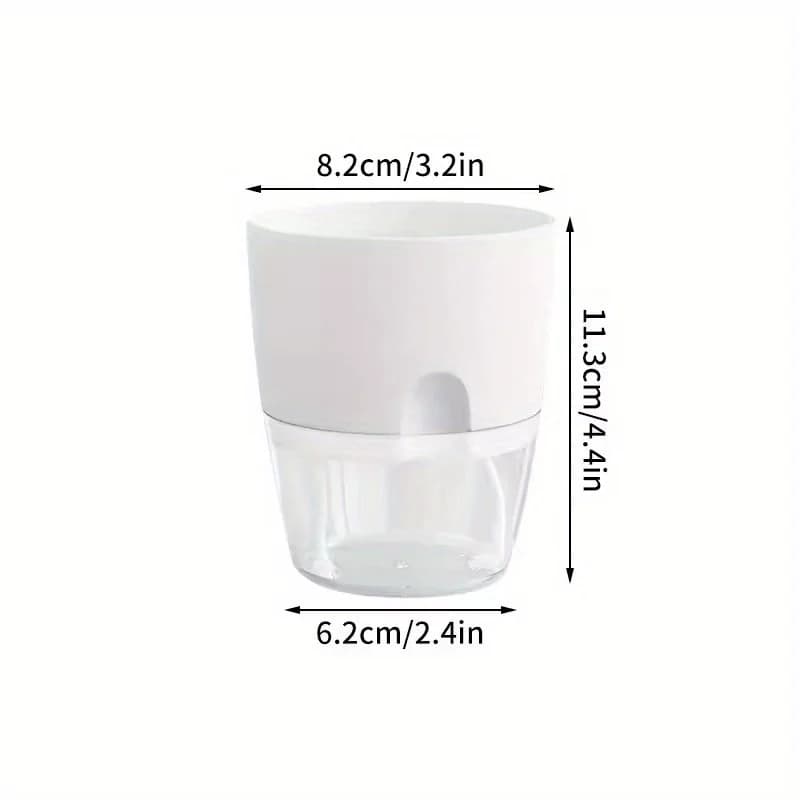 Vaso autoirrigável branco com dimensões 8,2cm largura e 11,3cm altura