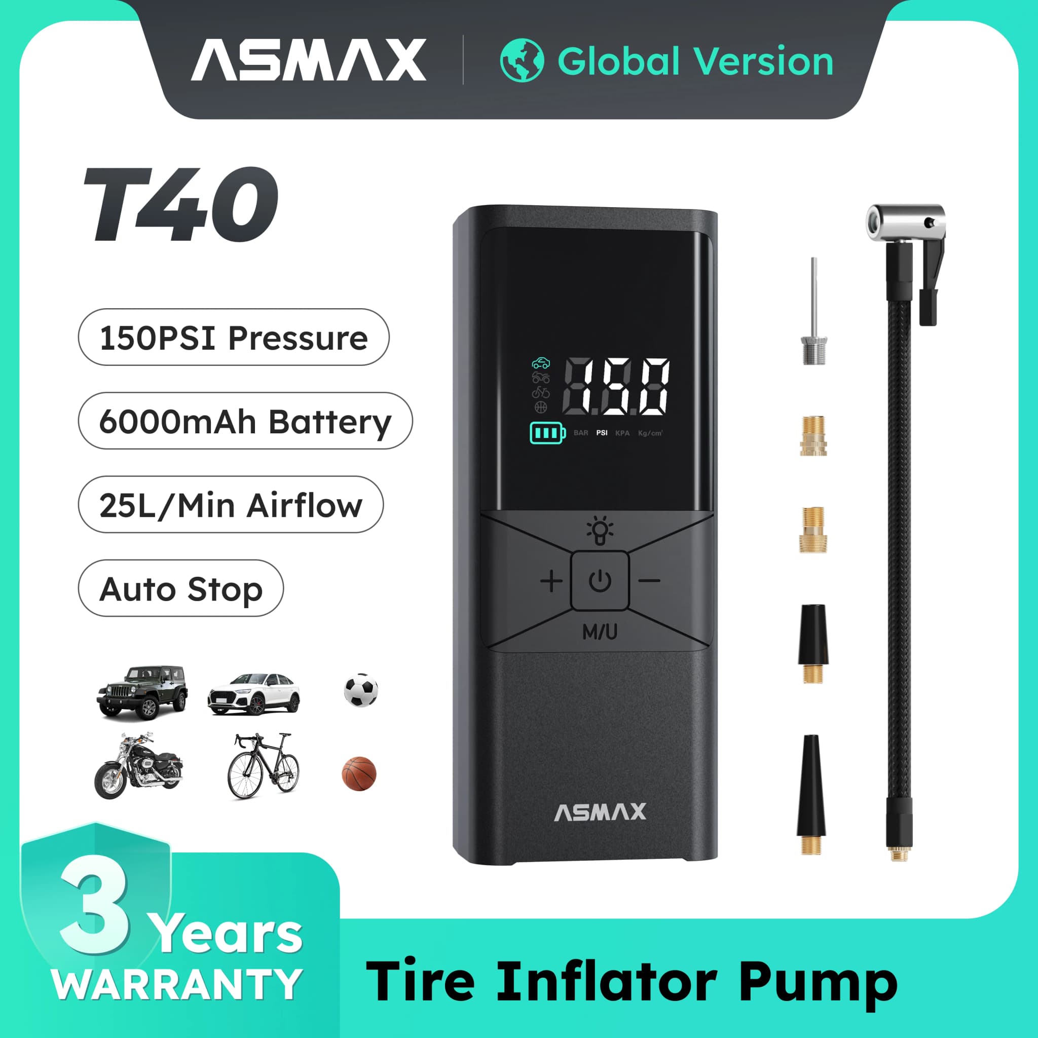 ASMAX T40 Compressor de Ar Portátil 150 PSI com Display Digital