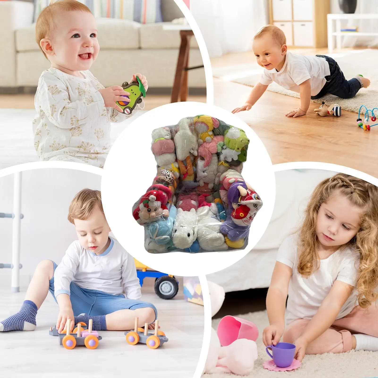 Saco organizador de brinquedos transparente grande capacidade com imagens de crianças brincando ao redor