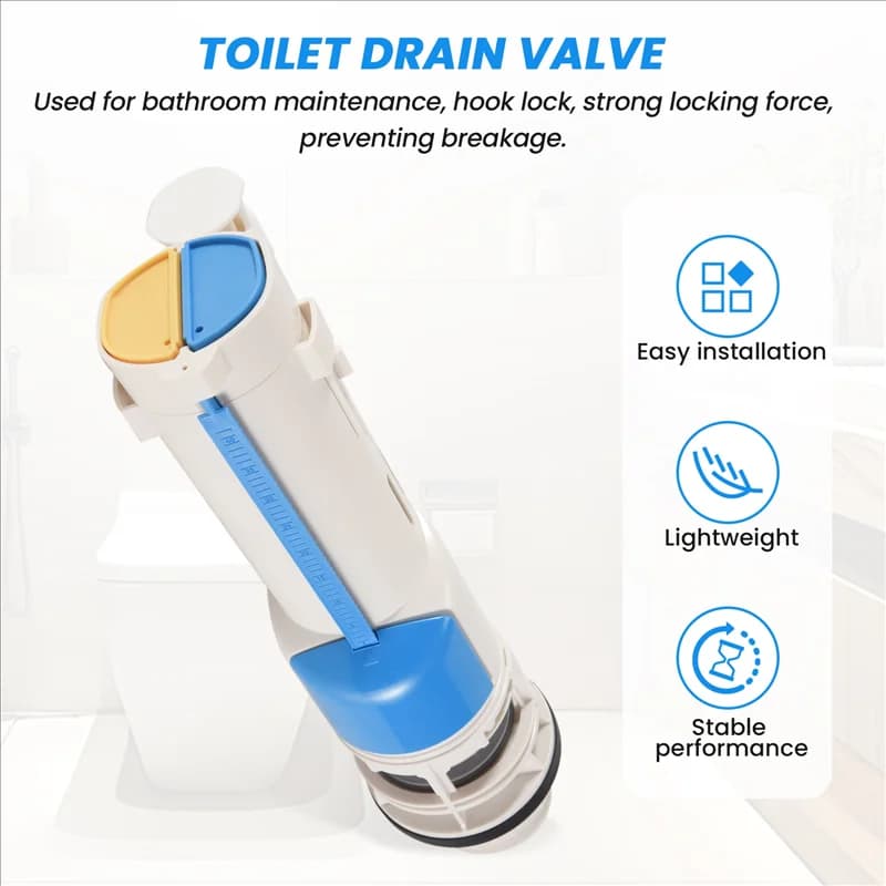 Válvula de drenagem para vaso sanitário branca com botões azul e amarelo, fácil instalação e desempenho estável
