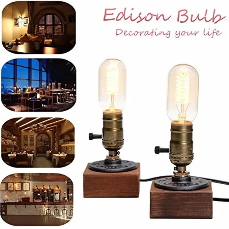 Luminária de Mesa Vintage Loft com Lâmpada Edison E27, Base de Madeira, Controle por Interruptor, Luminárias de Mesa para Bar e Decoração de Casa