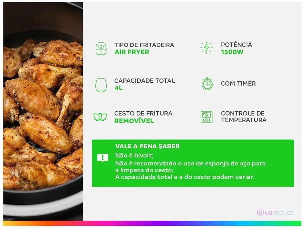 Fritadeira Elétrica sem Óleo Mondial Family-4L, preta, fundo branco