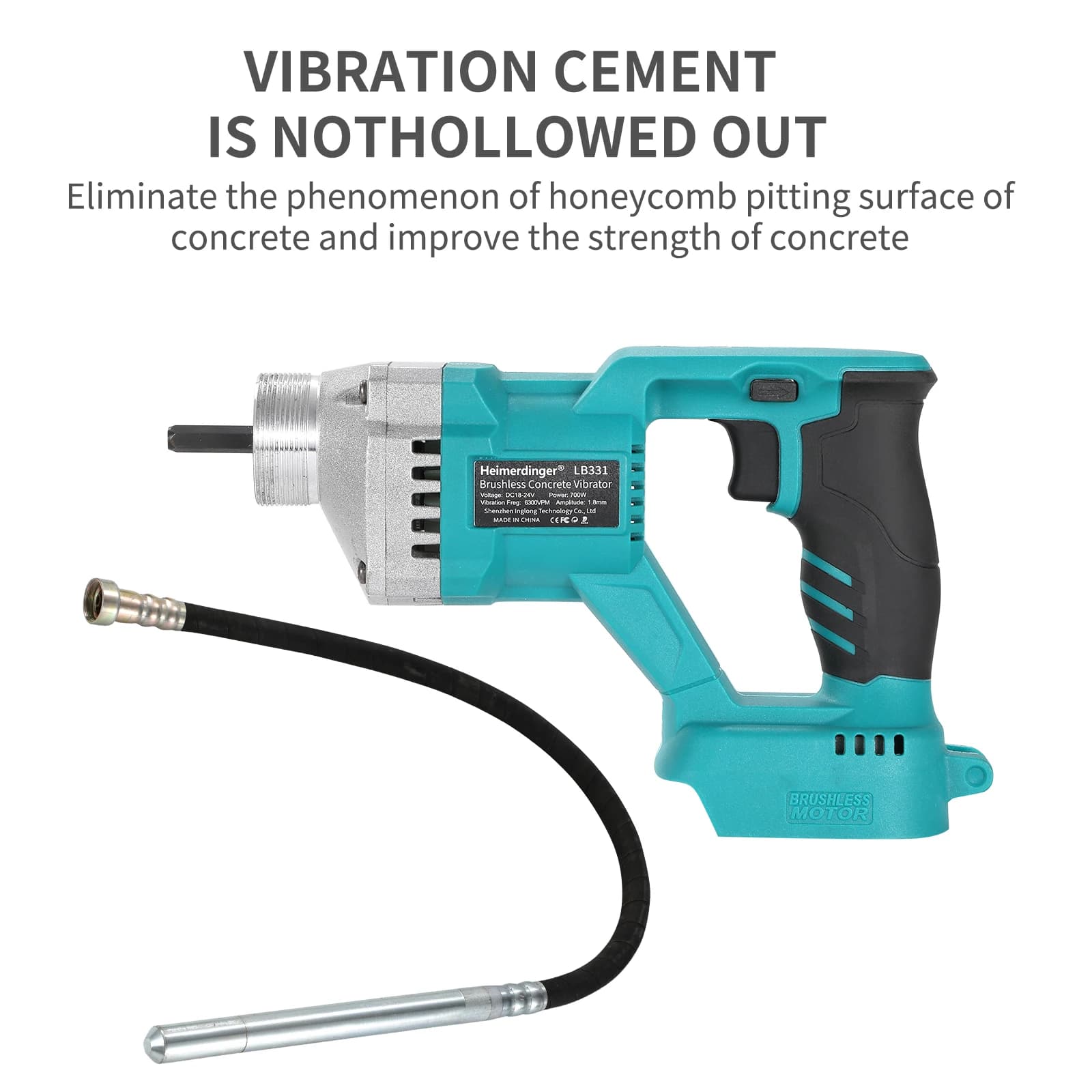 Vibrador de Concreto Sem Fio Heimerdinger LB331, 700W, Amplitude de 1.8mm, Misturador de Concreto, Sem Bateria