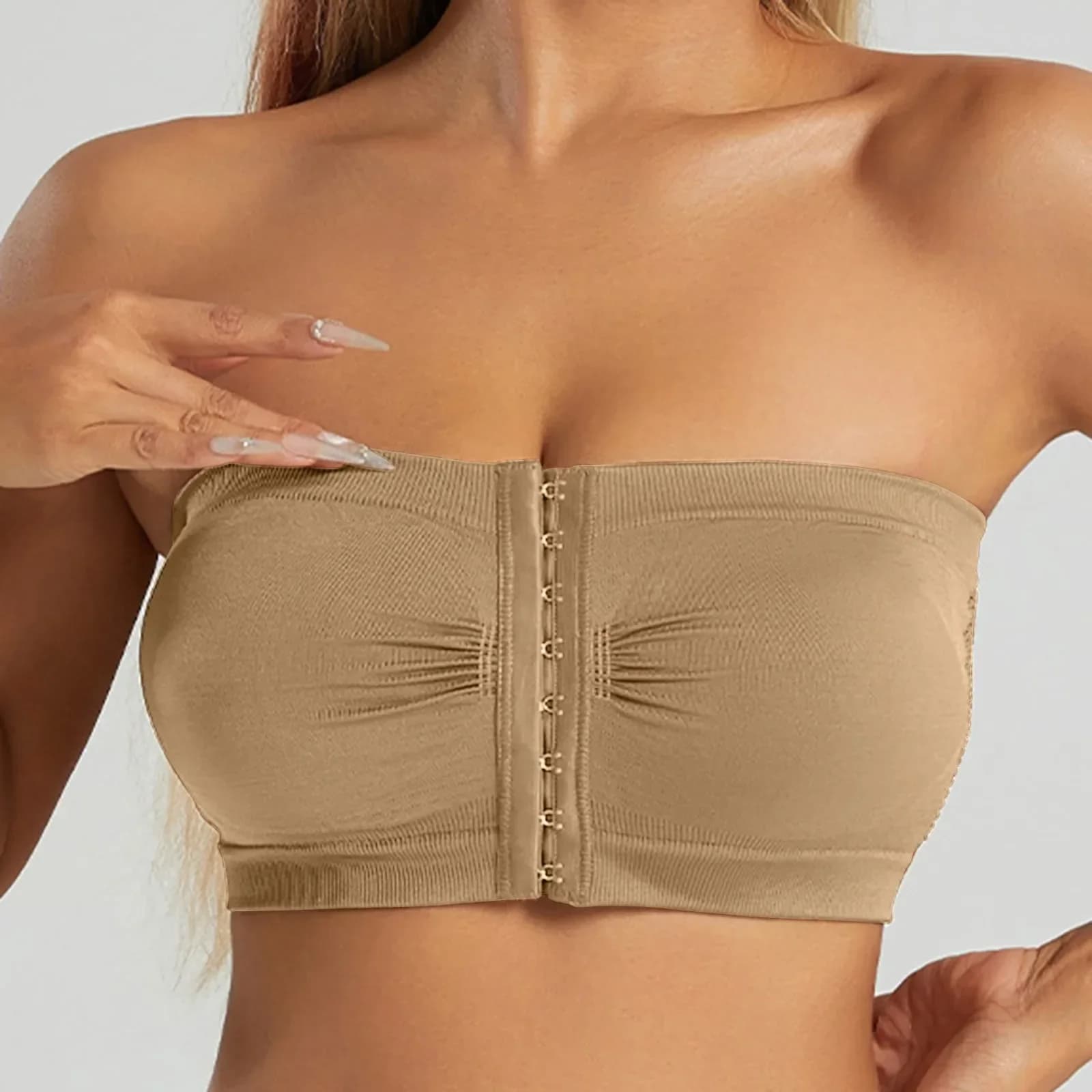 Sutiã sem alças preto sem costura para mulheres, sem arame, com zíper frontal.