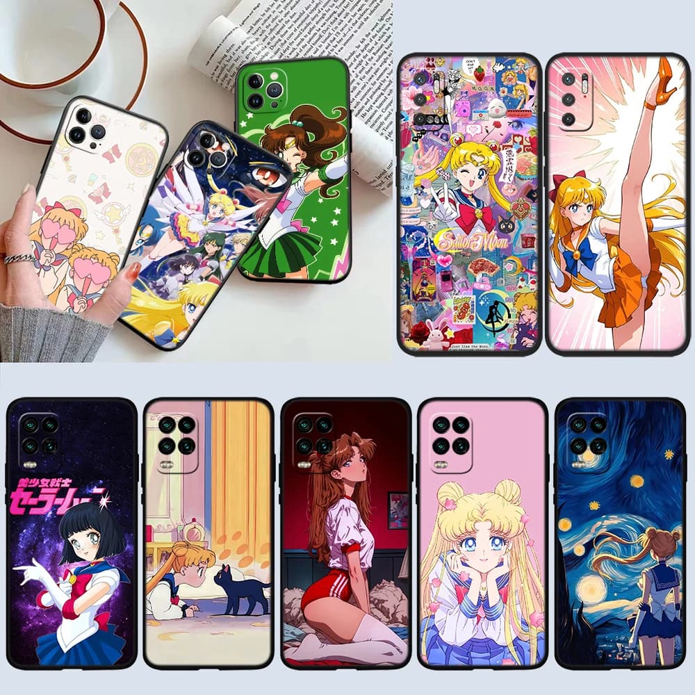 Capas de celular com designs de Sailor Moon, fundo cinza, várias cores e poses.