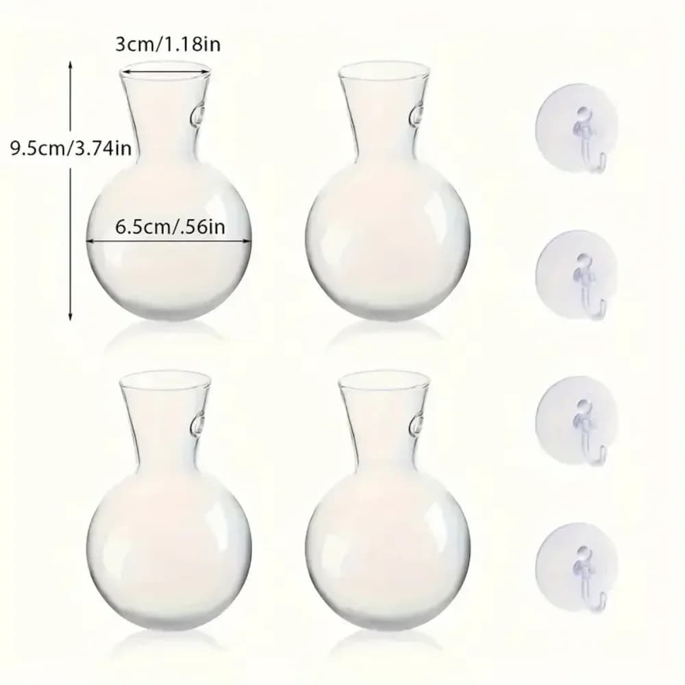 Conjunto de 4 vasos transparentes para plantas hidropônicas com medidas e ventosas para fixação na parede