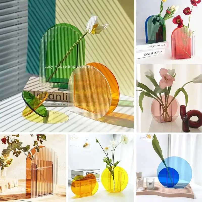 Vasos acrílicos de arco-íris em várias cores e ângulos, com flores coloridas.
