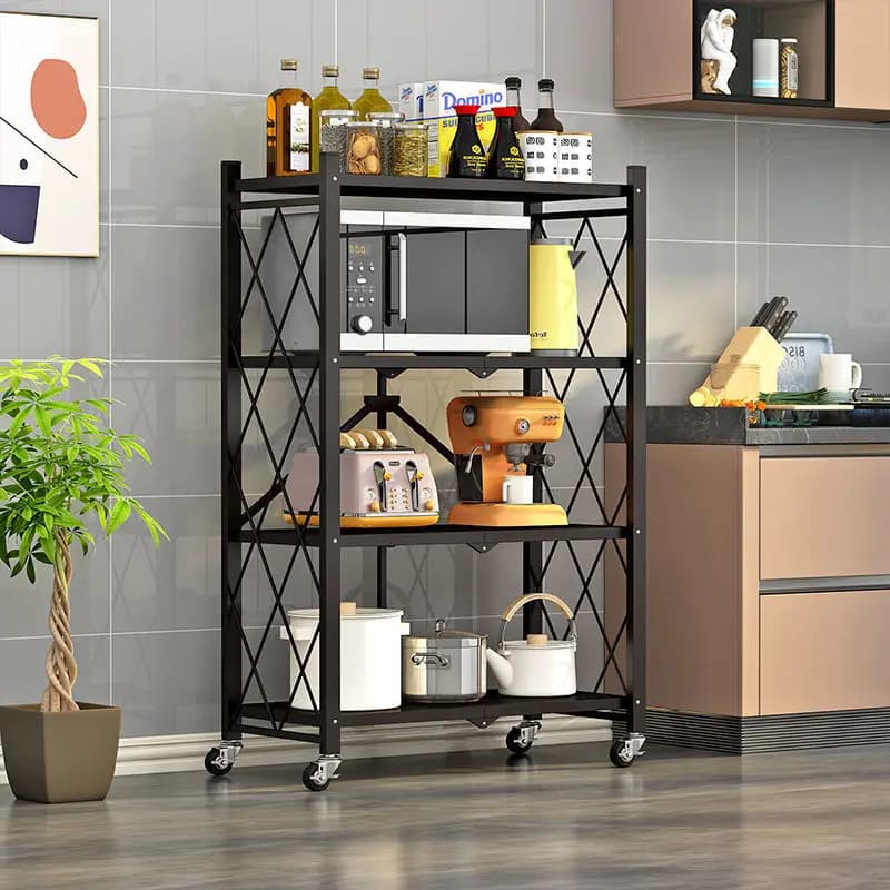 Estante multifuncional preta de metal com 5 prateleiras e rodas, ideal para cozinha e sala