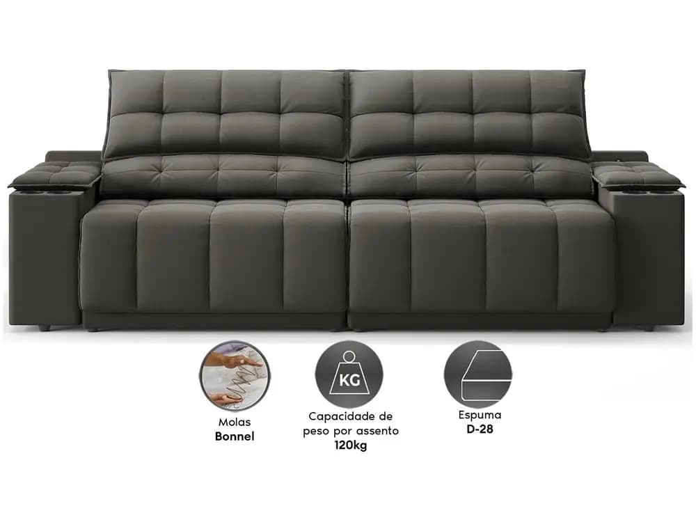 Sofá 3 lugares preto Next Sofás Quebec com encosto reclinável e espuma D-28 resistente