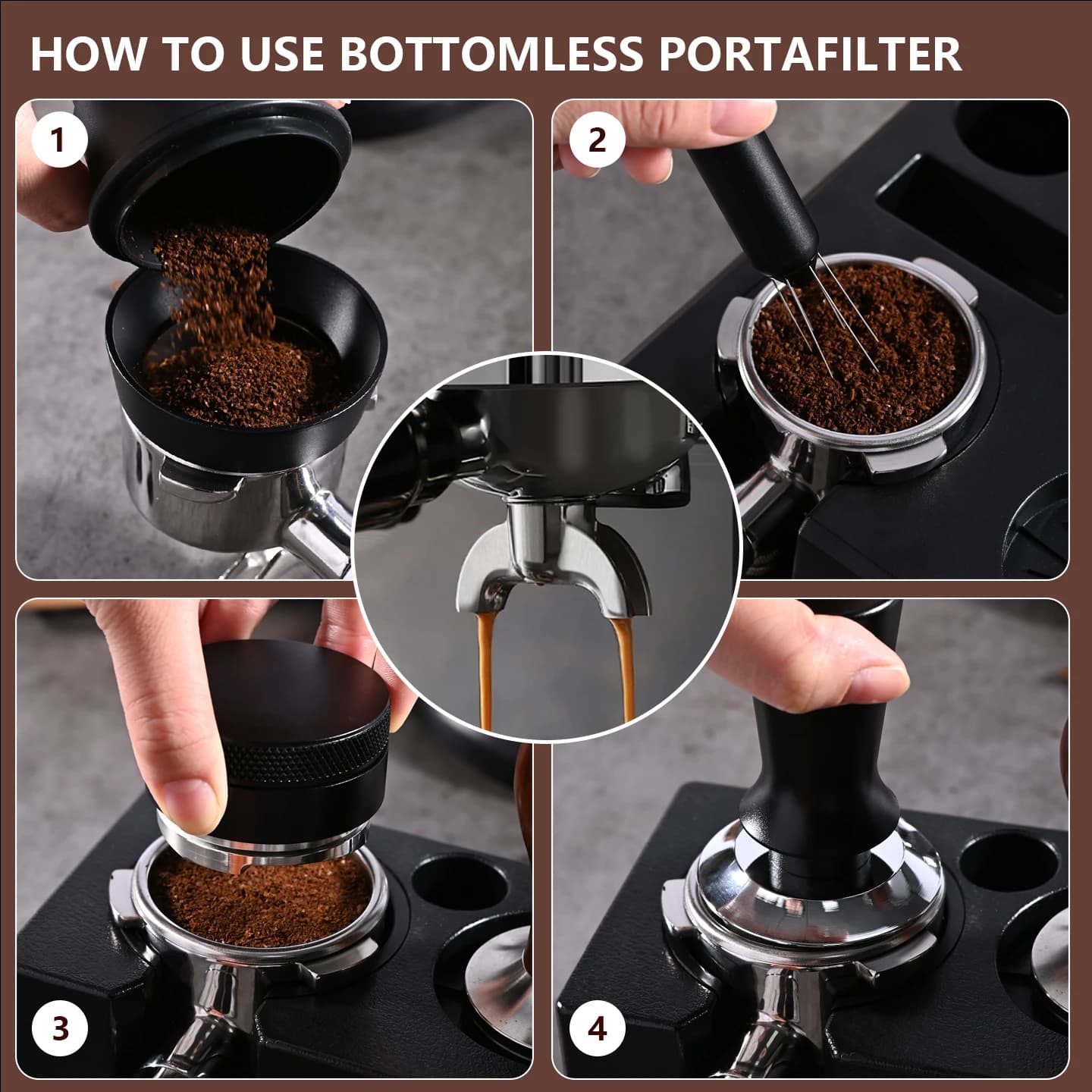 Instruções de uso do portafiltro bottomless com café moído, nivelamento e compactação para extração perfeita