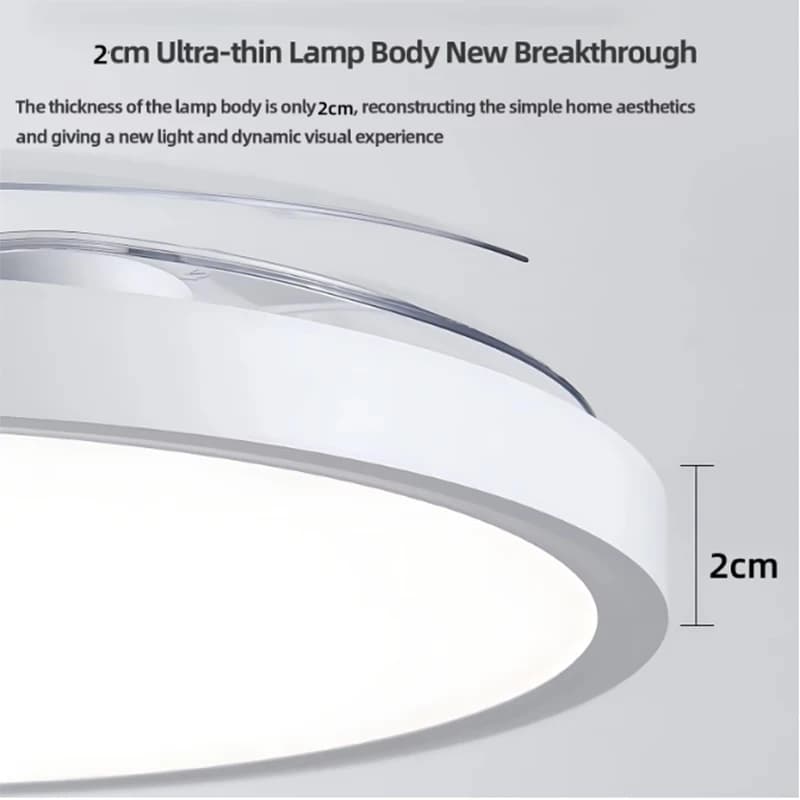 Ventilador de teto branco com corpo ultra fino de 2cm e lâminas transparentes, design minimalista