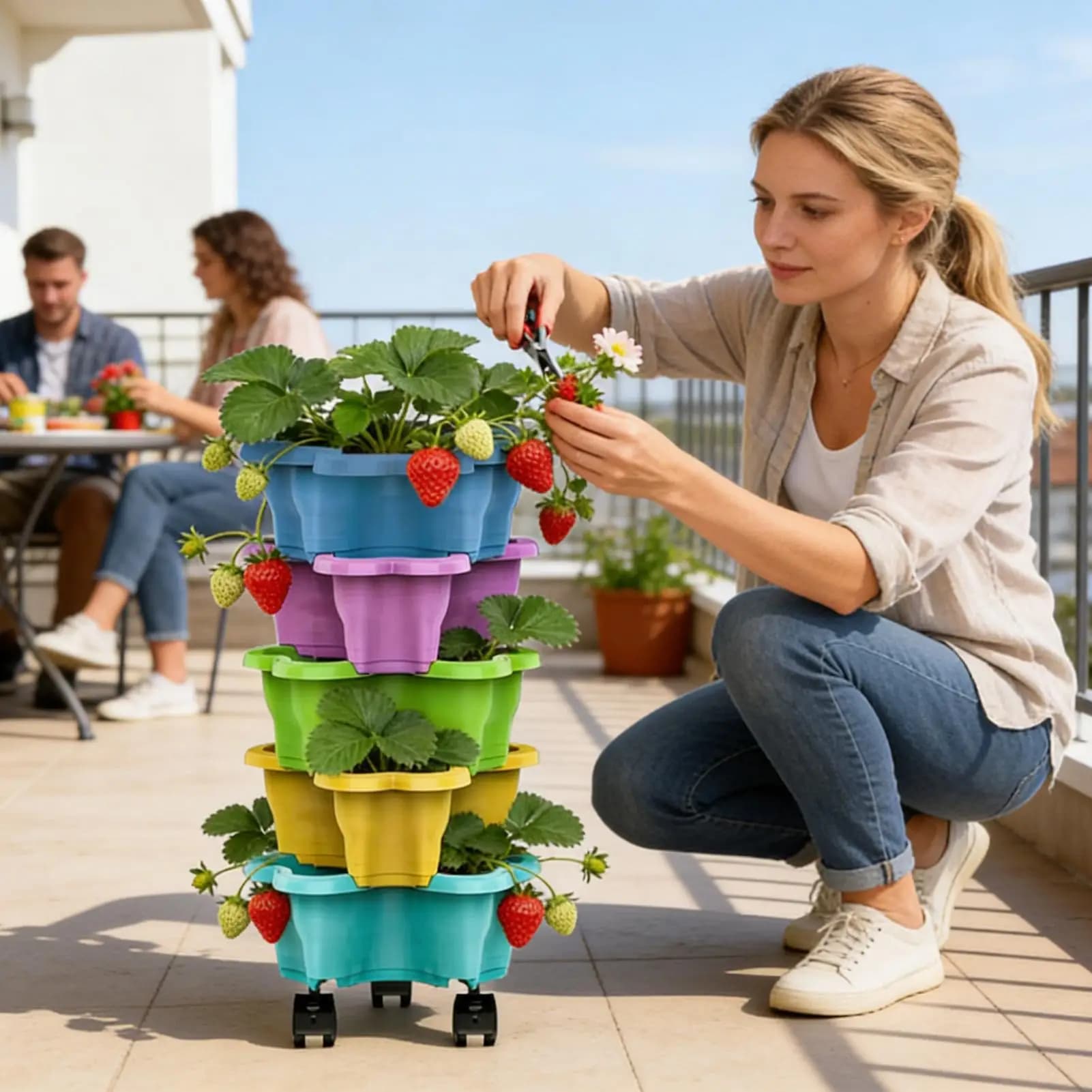 Vasos de plantas empilháveis cinza e multicoloridos sobre rodas