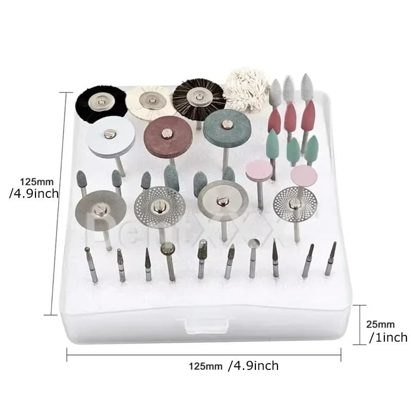 Kit de polimento profissional 35 peças com haste 2,35mm em estojo branco compacto