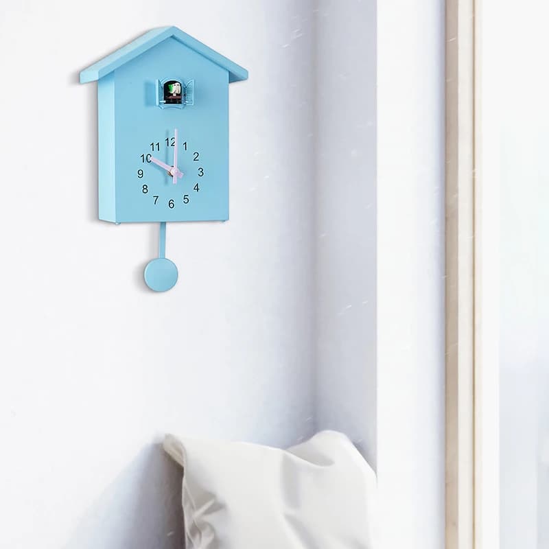 Relógio de parede Cucolândia azul claro com pássaro quartzo e pêndulo para decoração moderna