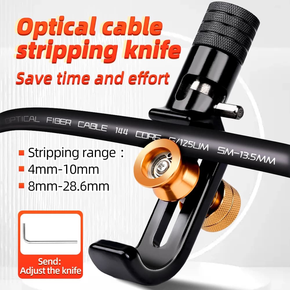 Ferramenta preta para descascar cabos ópticos com ajuste para faixas de 4-10mm e 8-28mm