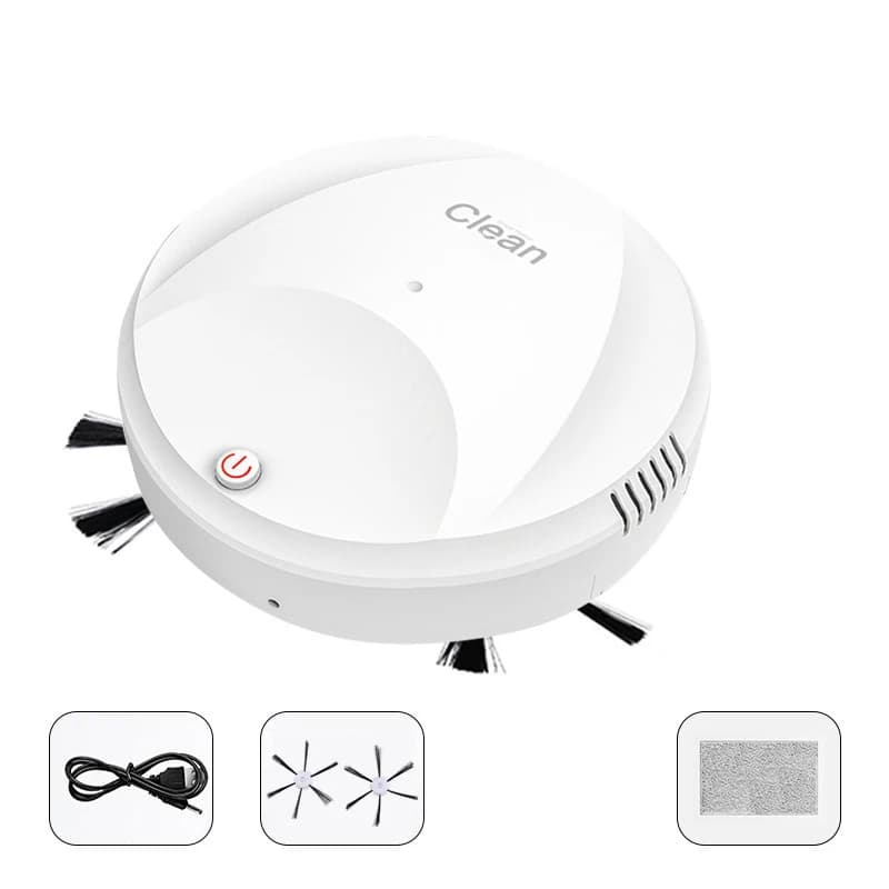 Aspirador robótico branco Clean com acessórios incluindo cabo USB, escovas laterais e pano de limpeza