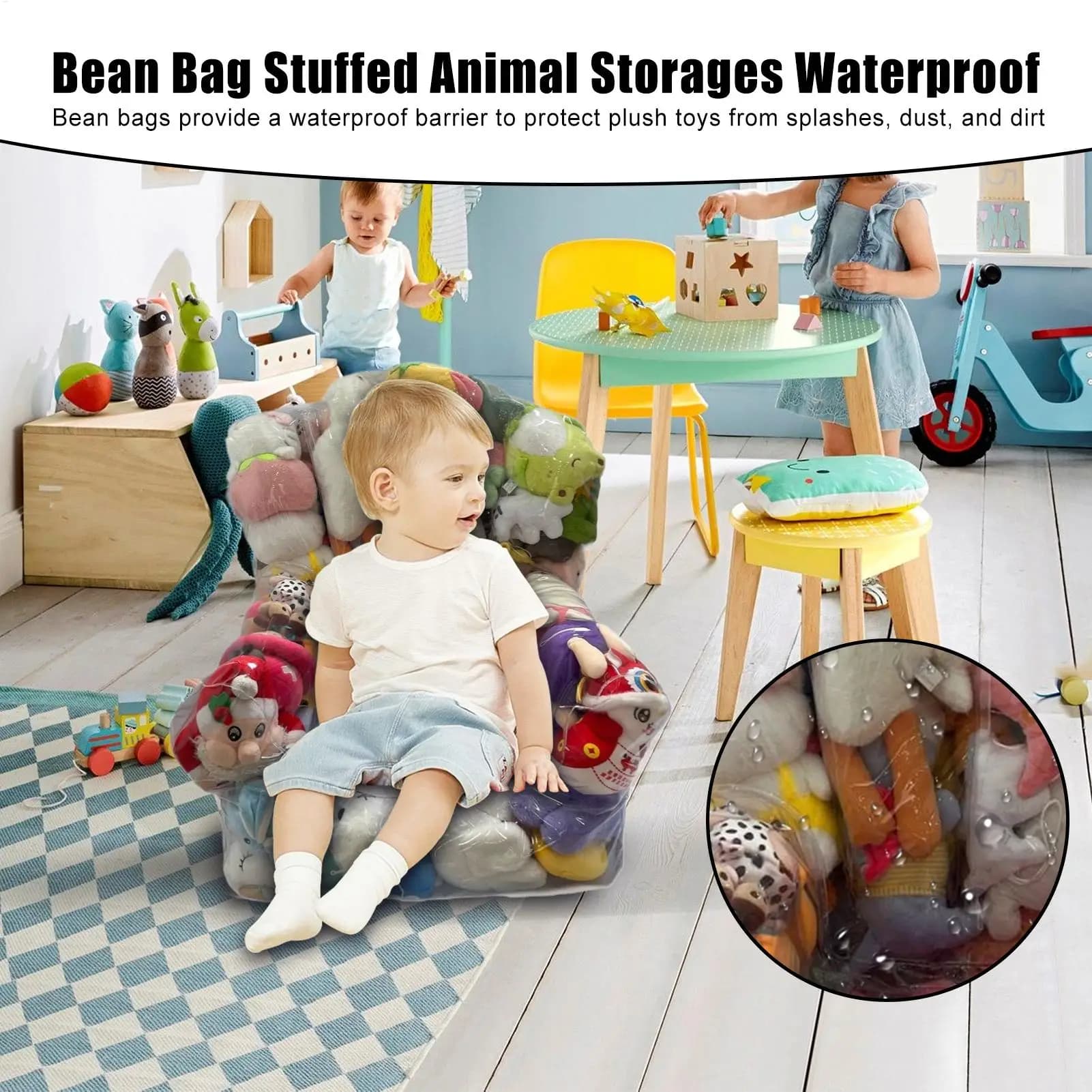 Saco organizador de brinquedos à prova d'água com criança sentada em ambiente de brinquedos coloridos