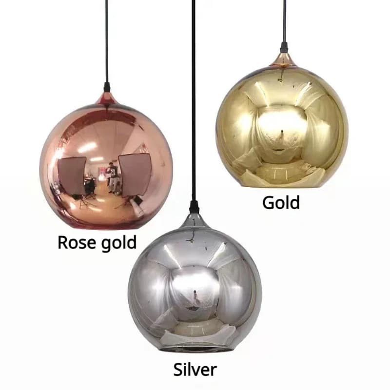 Luminária pendente redonda minimalista 2026, cromada espelhada, disponível em rose gold, gold e silver.
