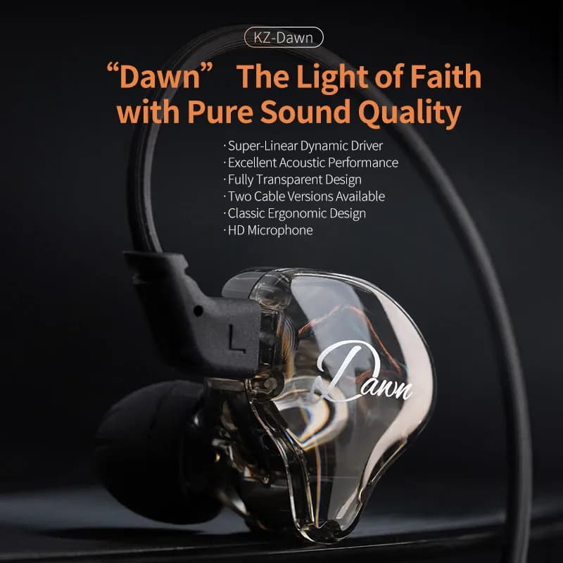 Fones de ouvido KZ Dawn Bass In Ear Monitor, cinza e preto, com cancelamento de ruído HIFI, fones esportivos.