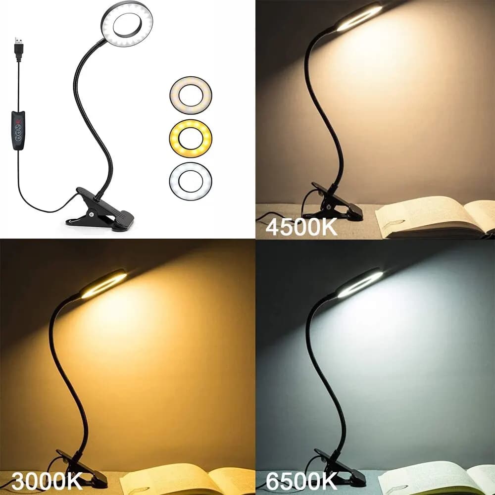 Luminária de mesa LED Jácotei com clip, mostrando três temperaturas de cor: 3000K, 4500K e 6500K para leitura e cultivo