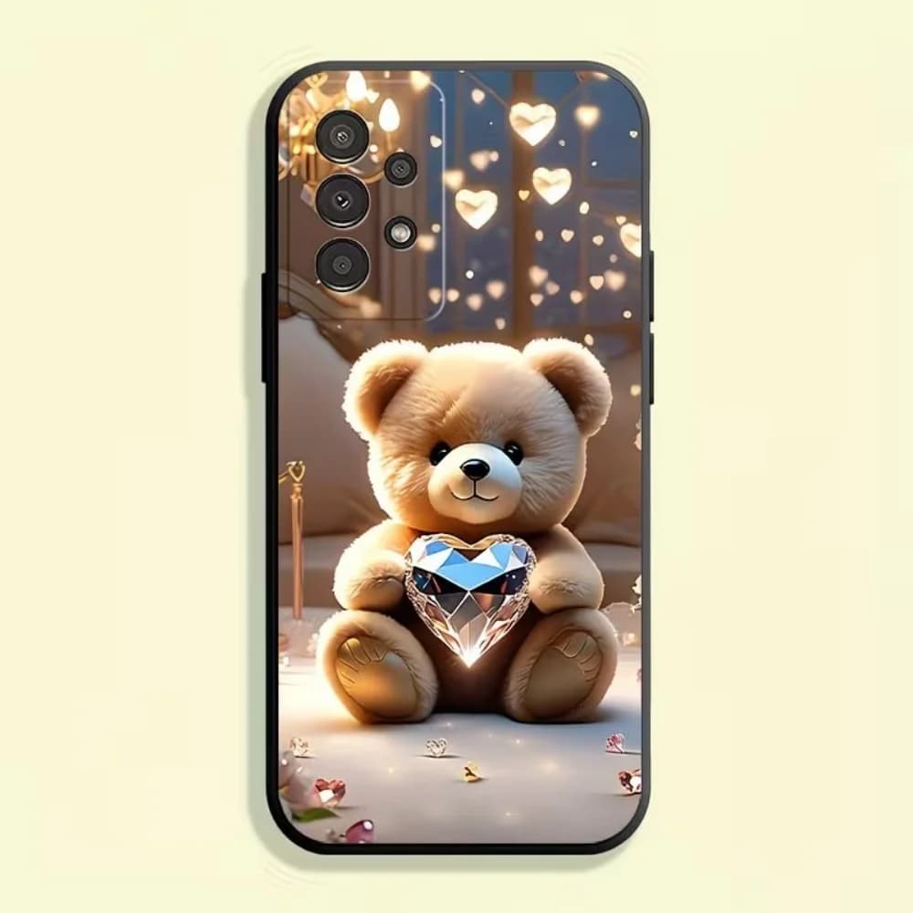 Capa para Samsung Galaxy A Series azul com estampa de ursinho segurando cristal em formato de coração