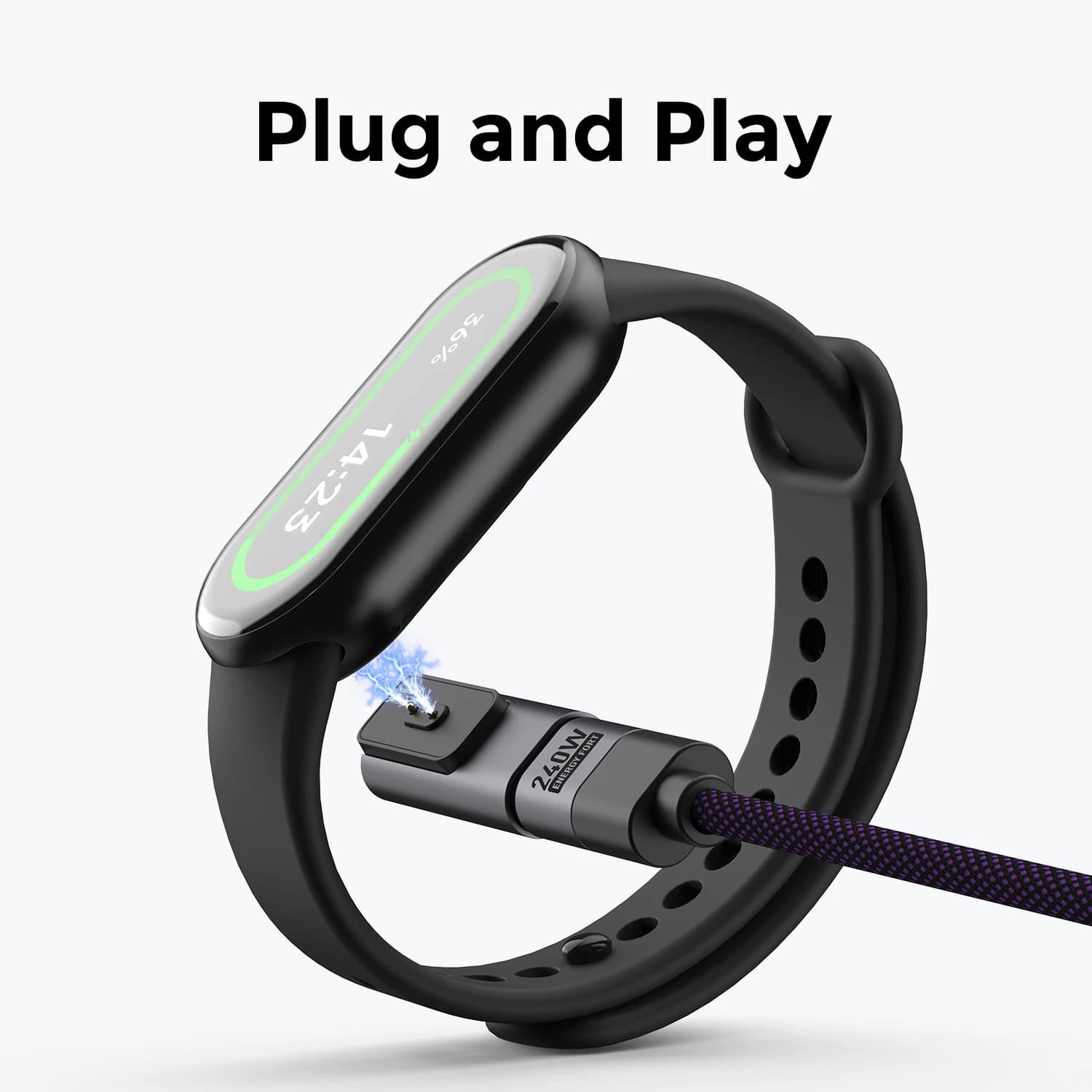 Cabo carregador rápido USB-C conectado a smartwatch Xiaomi Band 10 com carregamento magnético