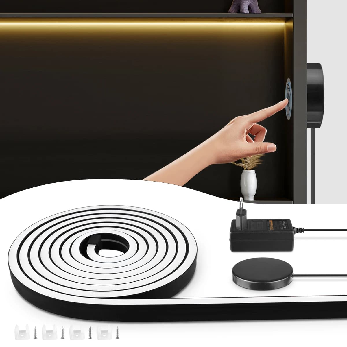 Tira LED neon preto com sensor de movimento e adaptador de energia