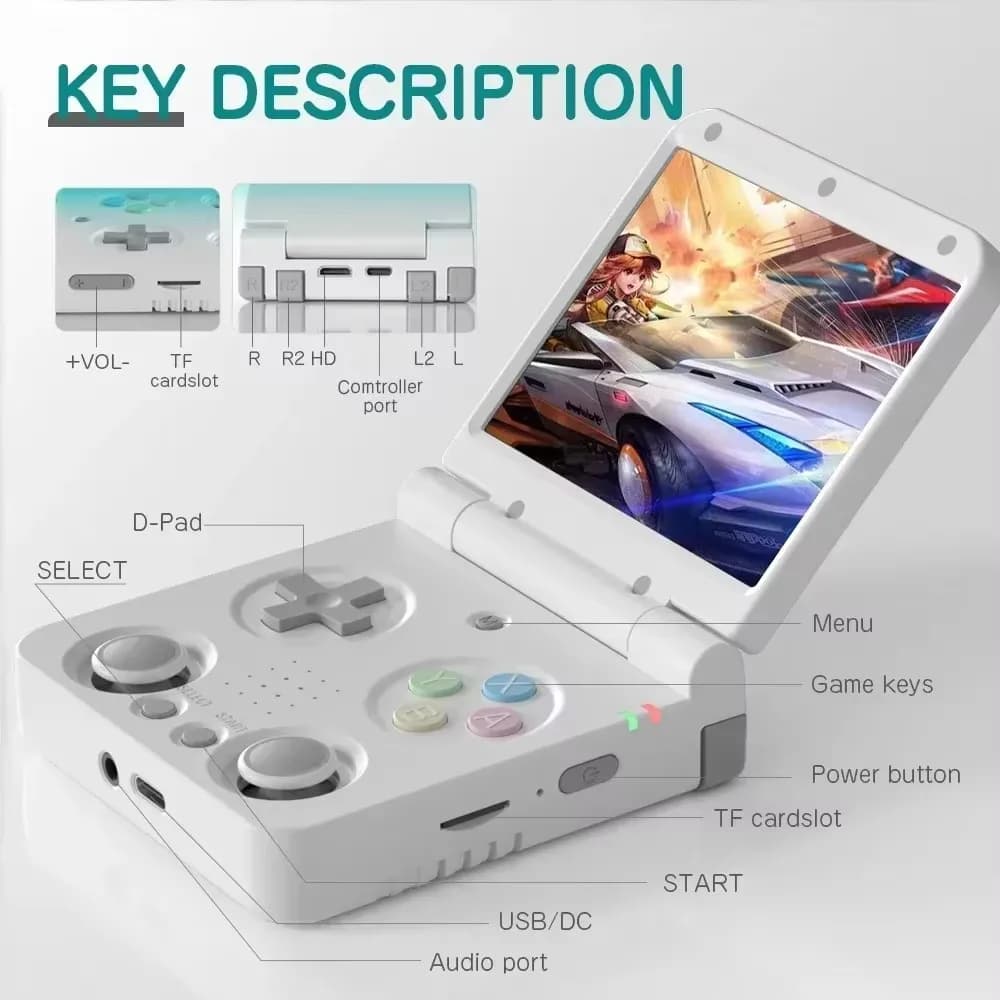 Console de jogo portátil Miyoo Flip V2 branco com tela IPS e botões rotulados
