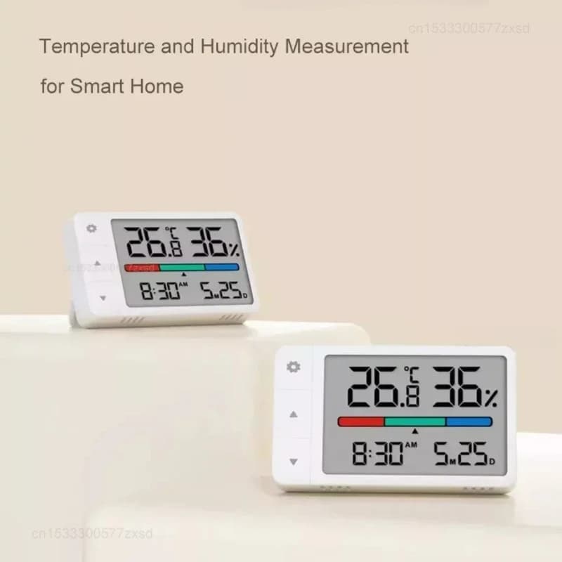 Termômetro higrômetro digital branco com display colorido para medição de temperatura e umidade em casa inteligente