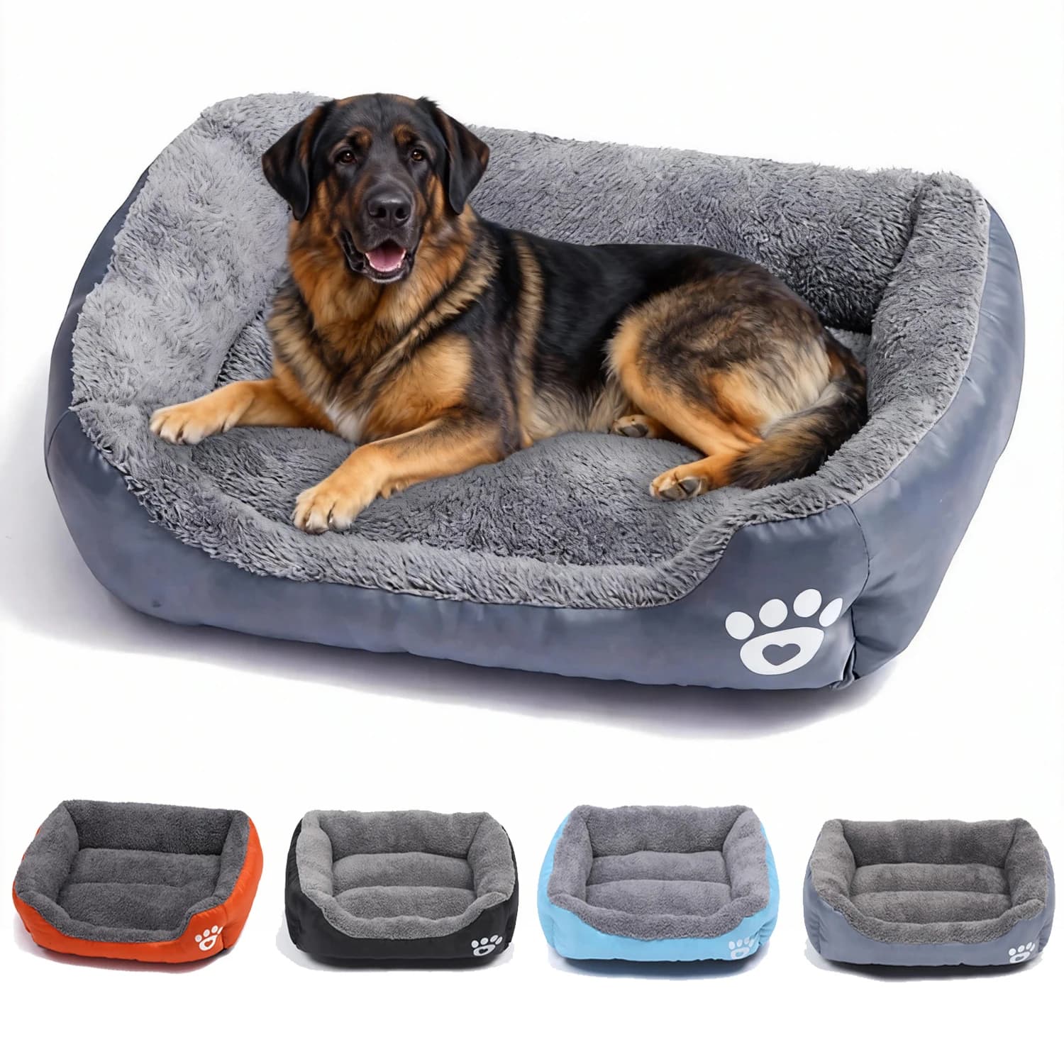 Cama de cachorro quadrada grande cinza com pegadas brancas