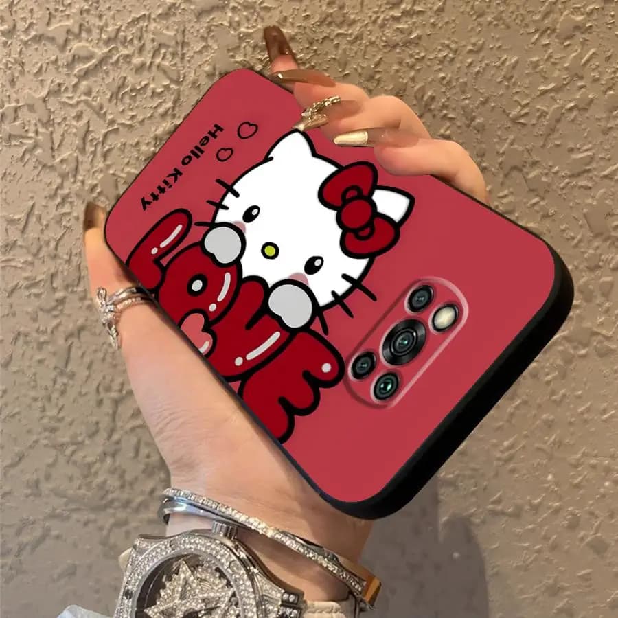 Capa vermelha Sanrio Hello Kitty macia antirrisco para Xiaomi com estampa LOVE e personagem Hello Kitty