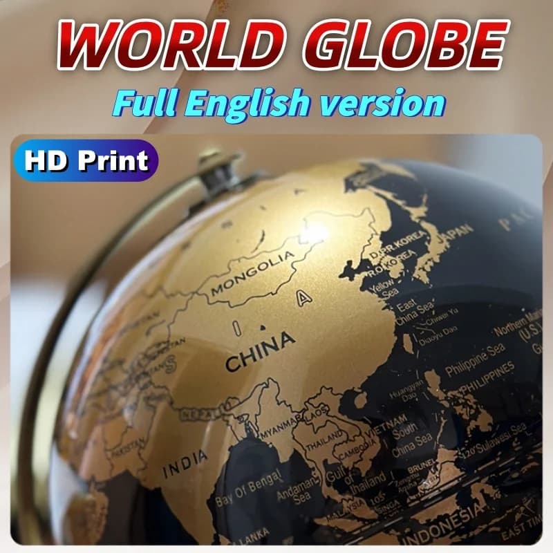 Globo terrestre com impressão HD, diâmetro de 20 cm, preto e branco com detalhes em ouro, suporte metálico, base giratória.