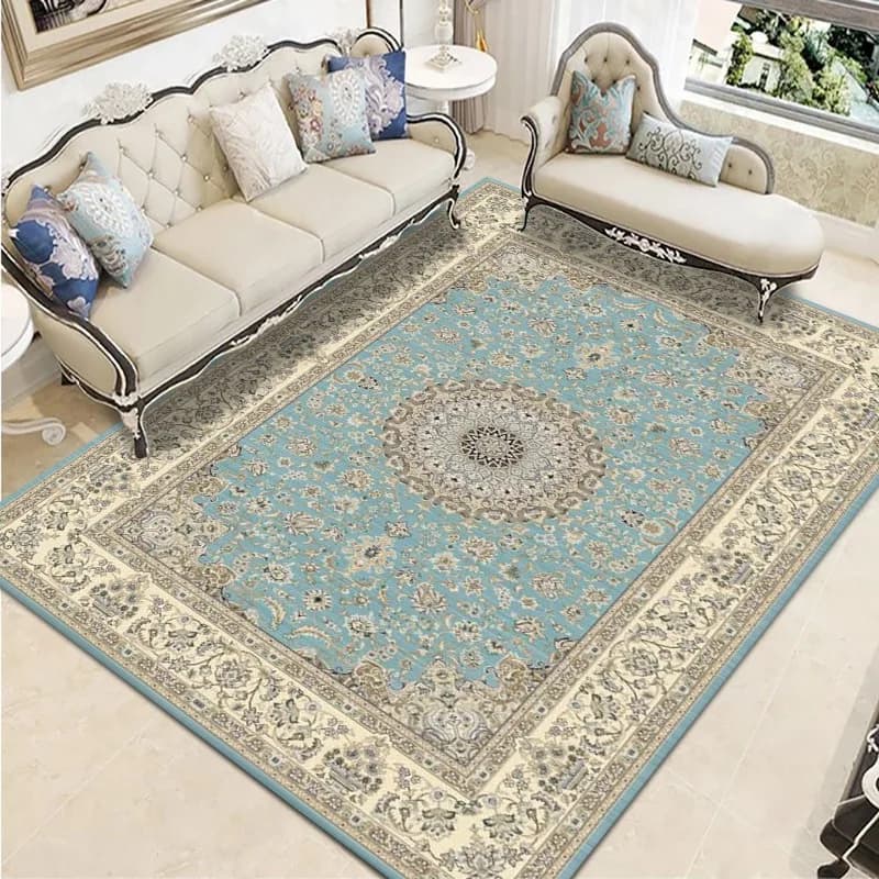 Tapete persa moderno azul e branco para sala de estar