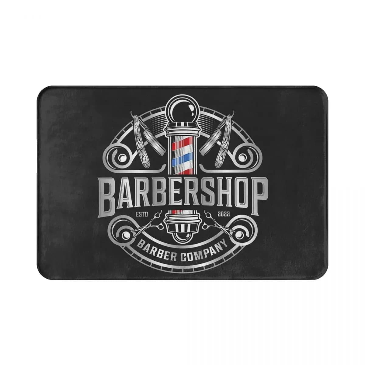 Tapete preto com design de barbearia, texto 'BARBERSHOP' e 'BARBER COMPANY' em branco, antiderrapante, lavável.