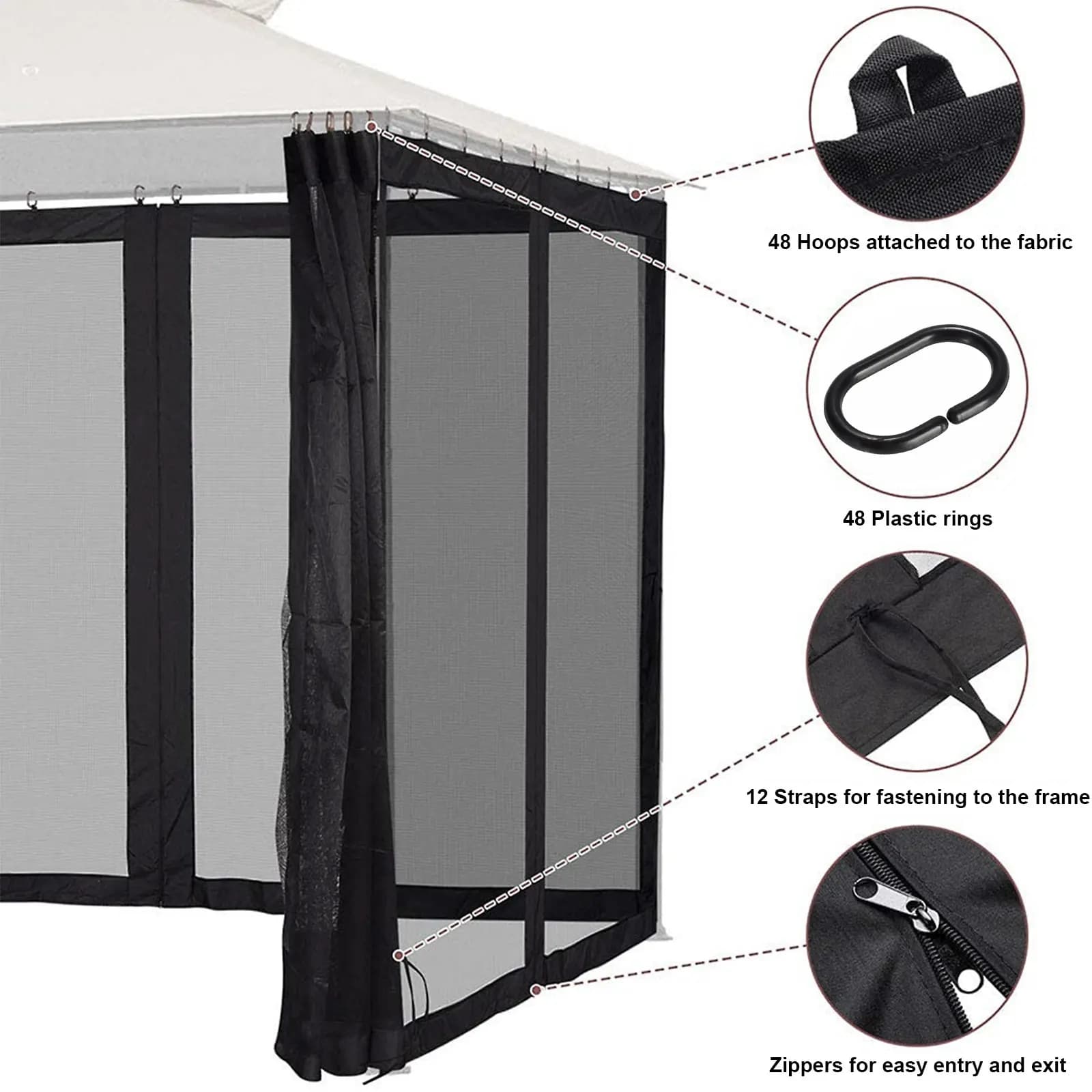 Gazebo preto com mosquiteiro tela net e cortina lateral 4 painéis com zíper e tiras para fixação