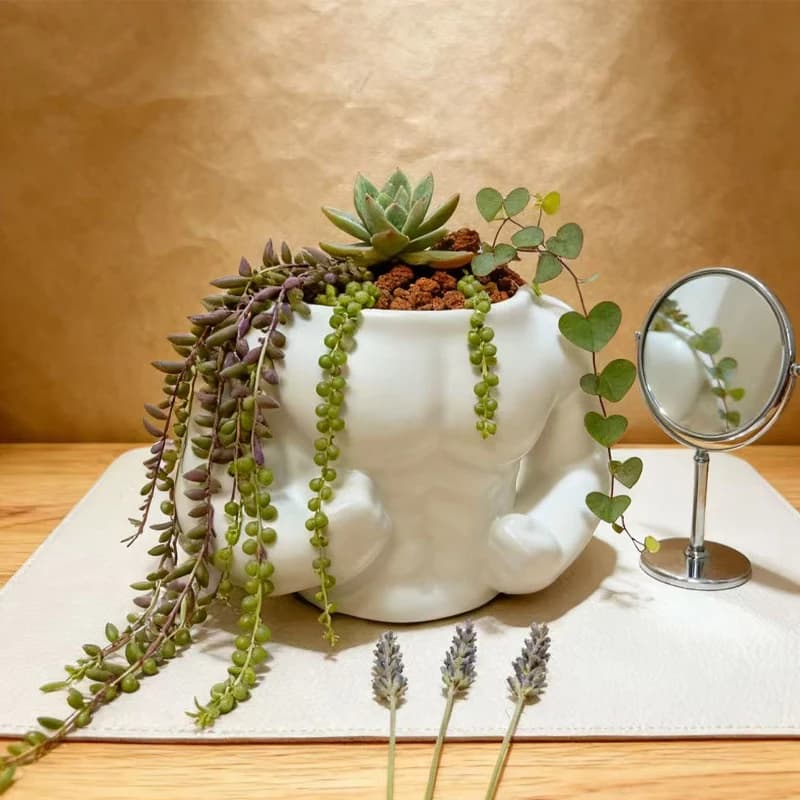 Vaso escultura homem musculoso branco com plantas pendentes e suculentas para decoração de casa