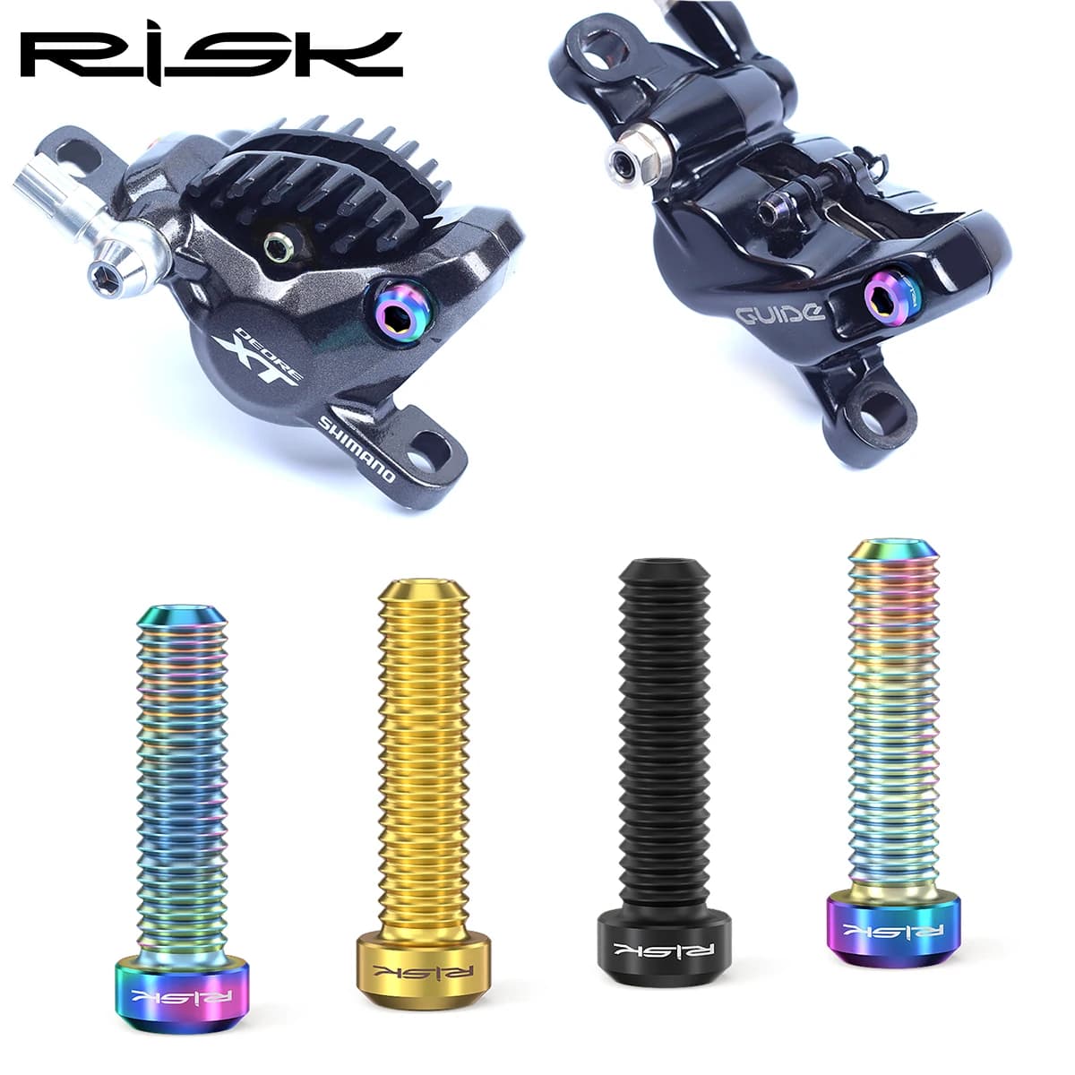 Parafuso para freio a disco RISK titânio multicolorido instalado em freios hidráulicos Shimano Deore XT