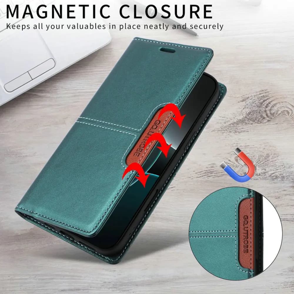 Capa flip de couro verde turquesa para smartphone Xiaomi Poco C85 com compartimento para cartão RFID