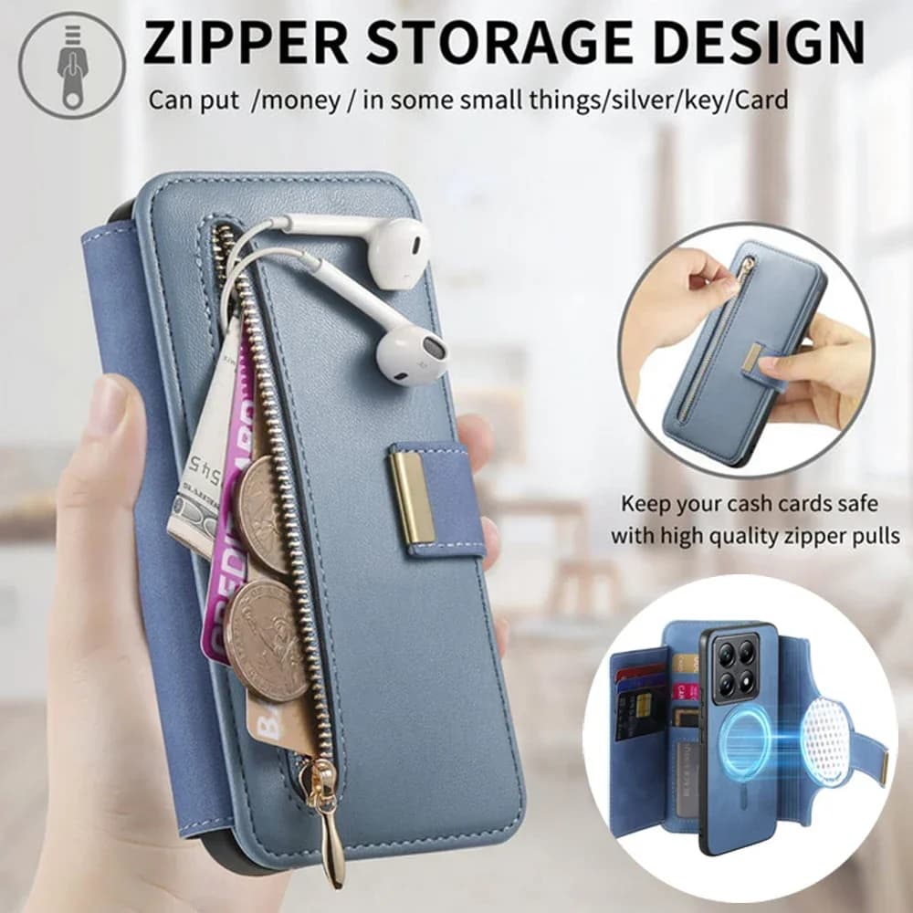 Capa de couro azul com design de zíper para Xiaomi Redmi Nota 13 Pro Plus