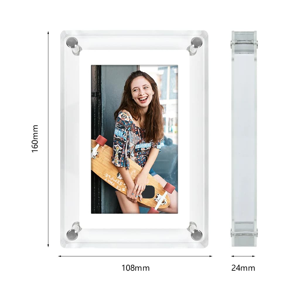 Porta-retratos digital acrílico branco com dimensões 160x108x24mm para fotos e vídeos em alta definição